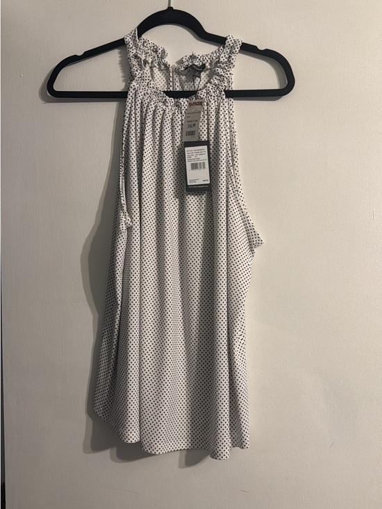 Tops - Sleeveless Polka Dot Ruffle Neck Top - White/Black